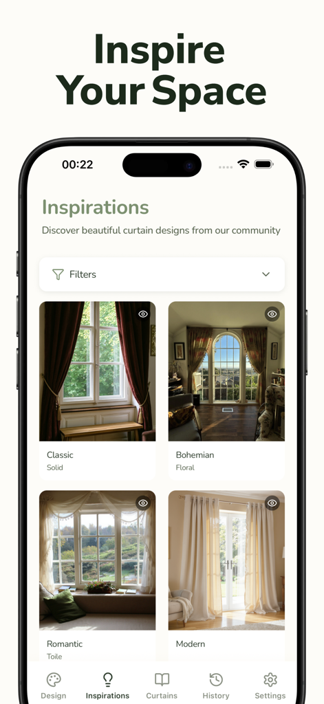 Curtain AI: Home Decor Design - Interfaz de la aplicación Curtain AI que muestra una galería de inspiraciones de diseño de interiores con varios estilos de cortinas como clásico y bohemio.