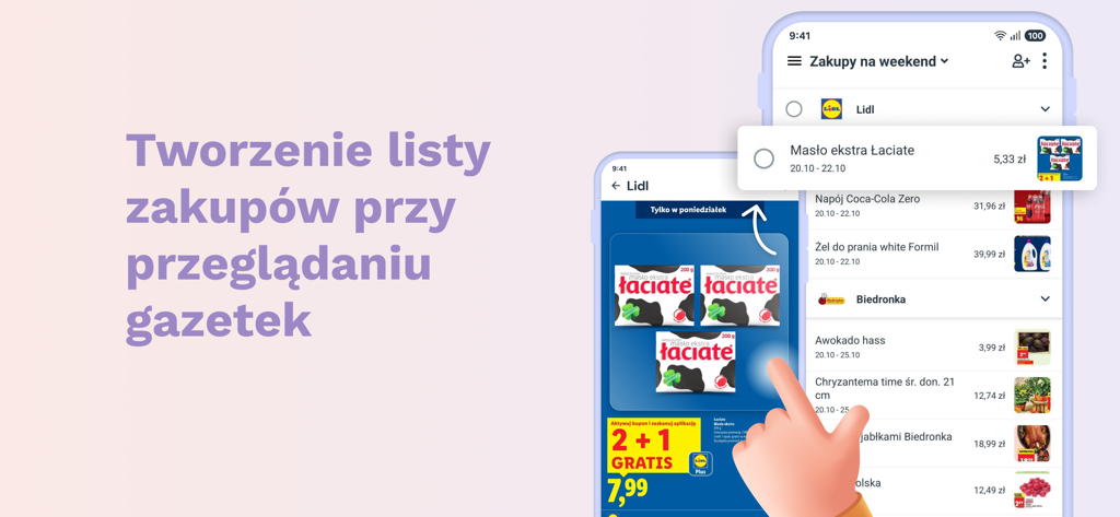 Gazetkowo - gazetki sklepowe - A user adding items to a digital shopping list while browsing store circulars in the Gazetkowo app