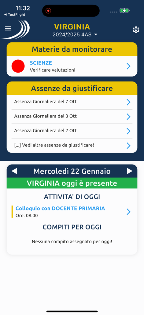Interface of the MasterCom Famiglie 2.0 app displaying a student dashboard with school attendance records and daily activities