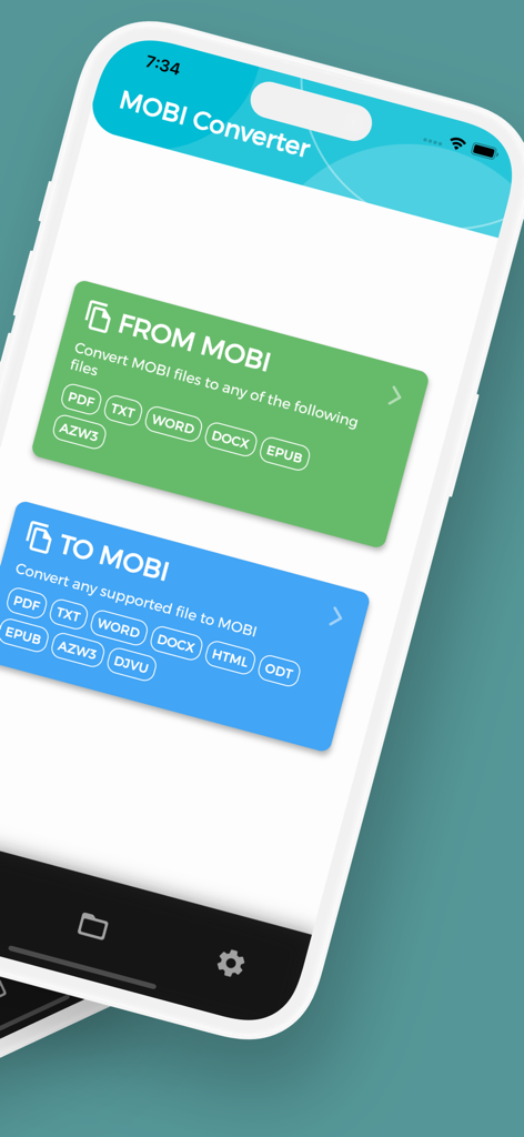 Pantalla de inicio de la aplicación MOBI Converter mostrando opciones para convertir archivos desde y hacia el formato MOBI