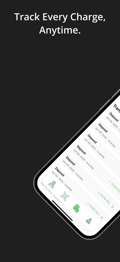 Una pantalla móvil que muestra el historial de transacciones y las funciones de seguimiento de carga de la aplicación iCharge.