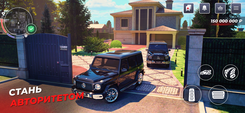 Black Russiaモバイルゲームで、モダンな邸宅の前に駐車された2台の黒い高級SUV。