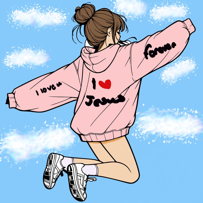 realistic girl jumping with a bun and oversized sweatshirt
