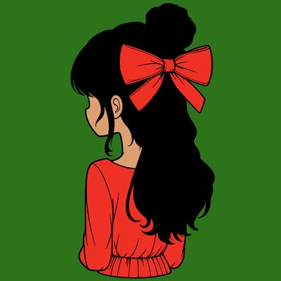 realistic girl  with hip length hair a bun and a big bow on the back of head