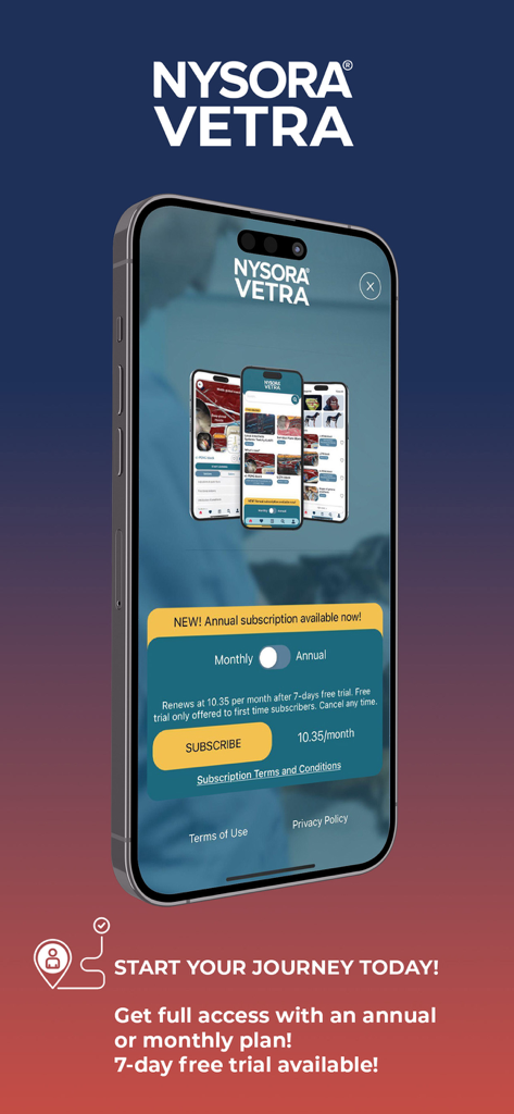NYSORA VetRA - Schermata di abbonamento dell'app mobile NYSORA VetRA che mostra le opzioni dei piani mensili e annuali con una prova gratuita di 7 giorni.