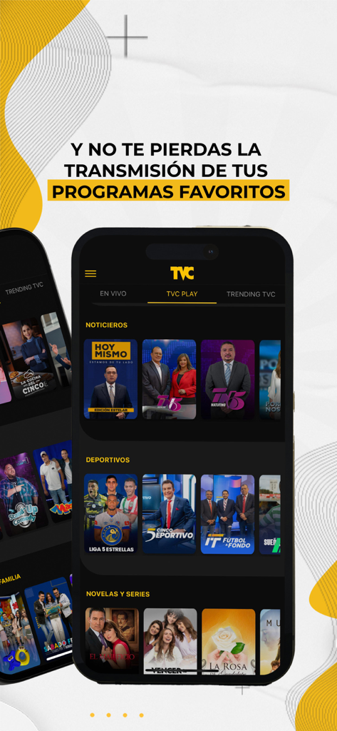 Televicentro app screen showing TVC Play categories for news sports and soap operas