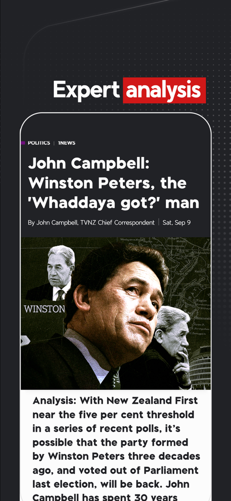 1NEWS - Screenshot of the 1NEWS app showing a political analysis article by John Campbell about Winston Peters.