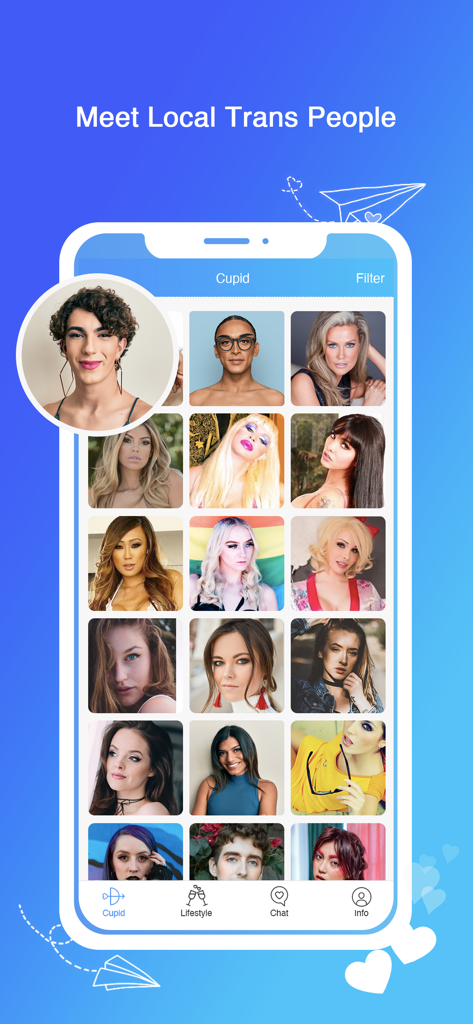Interface of the Tser dating app showing a grid of profile photos of transgender individuals under the Meet Local Trans People header.