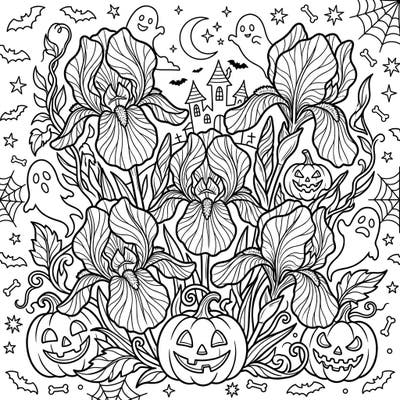 Dive into a unique blend of nature's beauty and spooky fun with this Halloween Iris coloring page. Discover intricate iris blooms amidst grinning pumpkins, playful ghosts, and other festive Halloween motifs.