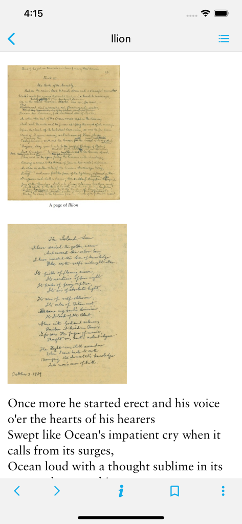 The Incarnate Word - The Incarnate Word app interface showing handwritten manuscripts and digital text of the poem Ilion by Sri Aurobindo.