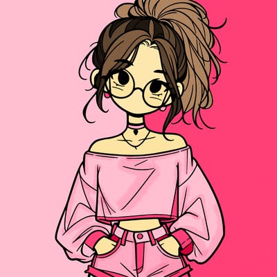 girl with a messy ponytail glasses a baggy crop top and jean shorts