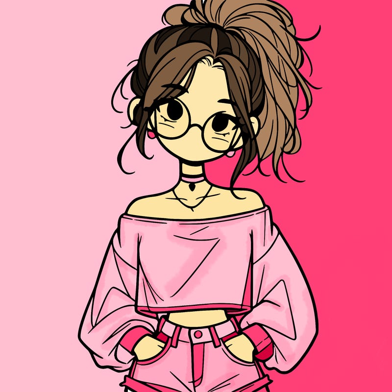 girl with a messy ponytail glasses a baggy crop top and jean shorts