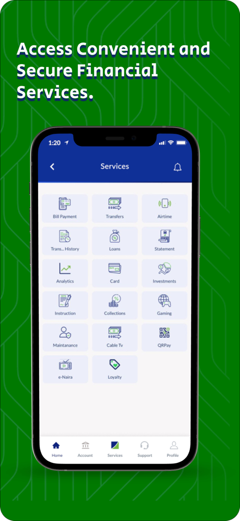 Fidelity Online Banking - Services screen of the Fidelity Online Banking app showing icons for bill payment transfers and airtime