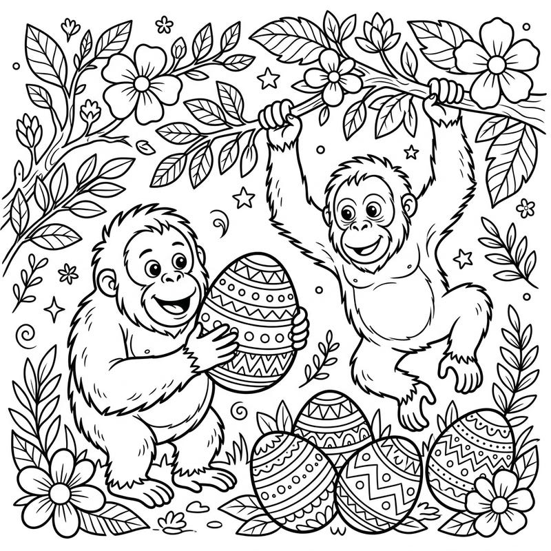 Get ready for an adorable Easter celebration with these playful orangutans! This detailed coloring page, featuring festive eggs and lush spring flora, is perfect for teens looking for a creative challenge.