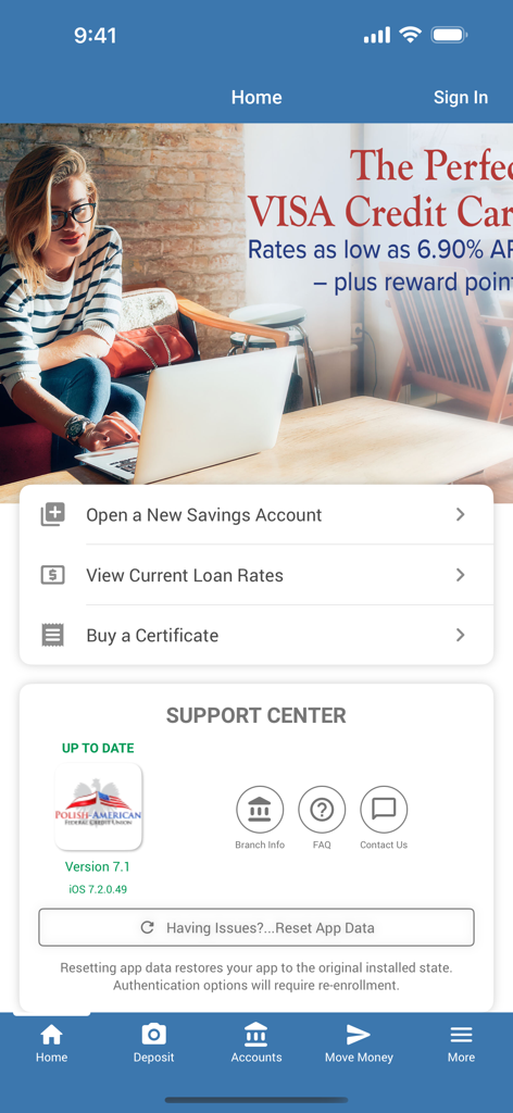 Polish-American Federal CU - Home screen of the Polish-American Federal Credit Union mobile app showing banking options and support center information.