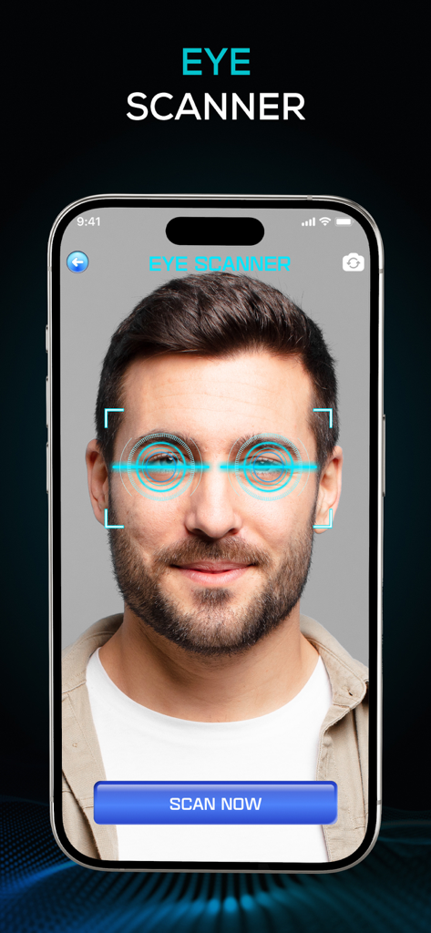 Aplicación detector de mentiras mostrando la función simulada de escáner de ojos