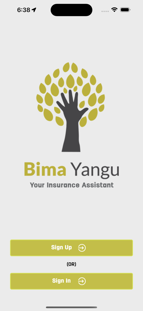 Bima Yangu - Bima Yangu app welcome screen featuring a tree logo with sign up and sign in buttons
