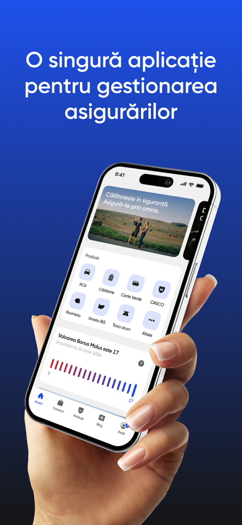 Omnis - Asigurări Online - Smartphone mostrando el panel de la aplicación Omnis con productos de seguros e iconos de tasas de circulación