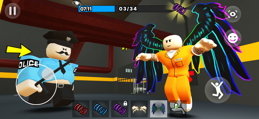 Um policial em blocos perseguindo um prisioneiro usando um macacão laranja e grandes asas arco-íris pretas em um corredor de prisão.