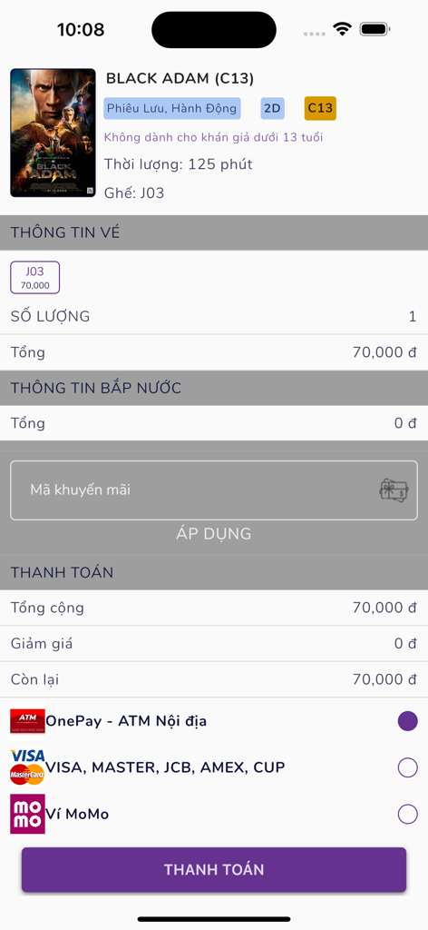 Mobile screen of Cinestar app showing the checkout summary for a movie ticket purchase with payment options