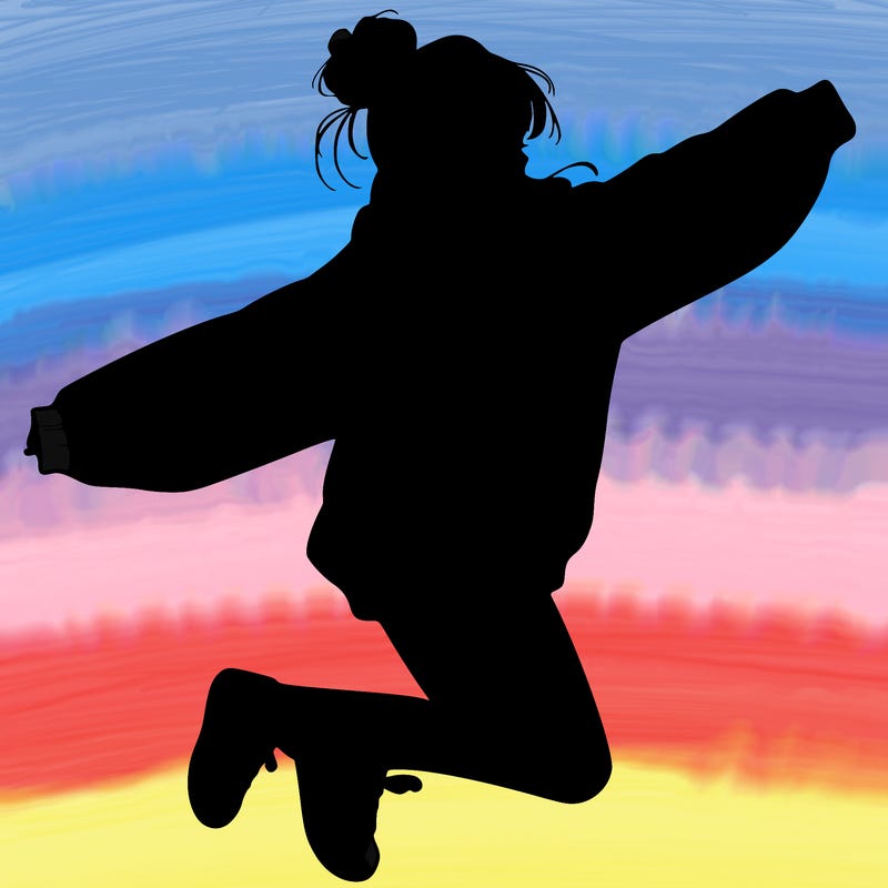 realistic girl jumping with a bun and oversized sweatshirt