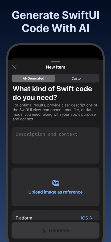 Compot: SwiftUI with AI - Compot app interface for generating SwiftUI code from text descriptions and image references using AI.