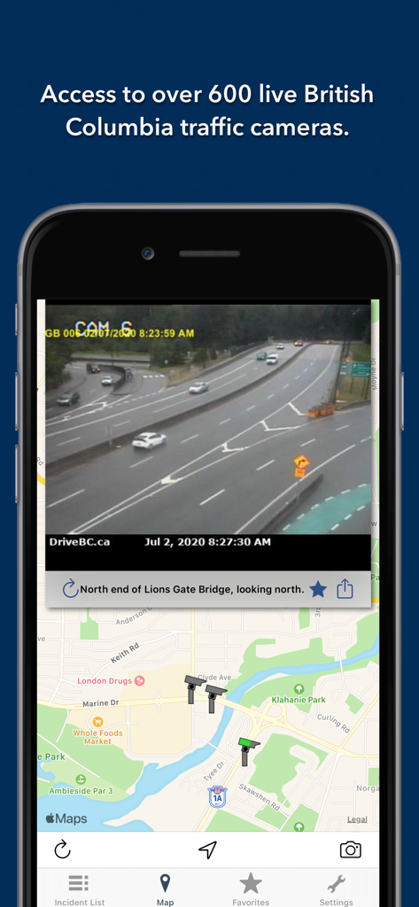 Screenshot of the British Columbia Roads app showing a live traffic camera feed of the Lions Gate Bridge on a map.