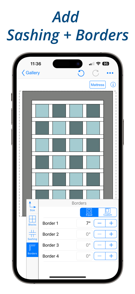 QuiltSize - Interface of the QuiltSize app showing a quilt layout diagram with options to customize sashing and border widths