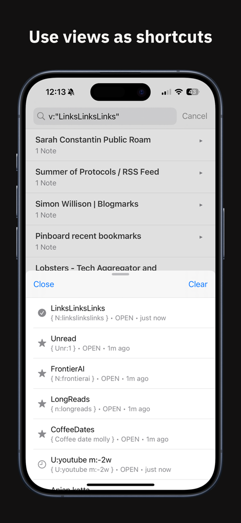Interfaz de la aplicación Subset Network que muestra una lista de vistas guardadas y accesos directos de búsqueda para contenido digital organizado