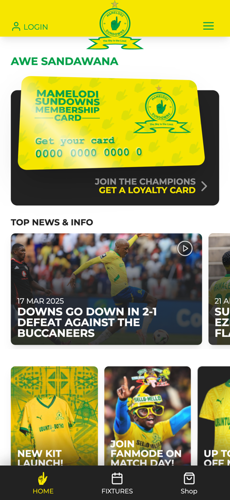 Mamelodi Sundowns Official App - Home screen of the Mamelodi Sundowns football club official app showing news and membership info