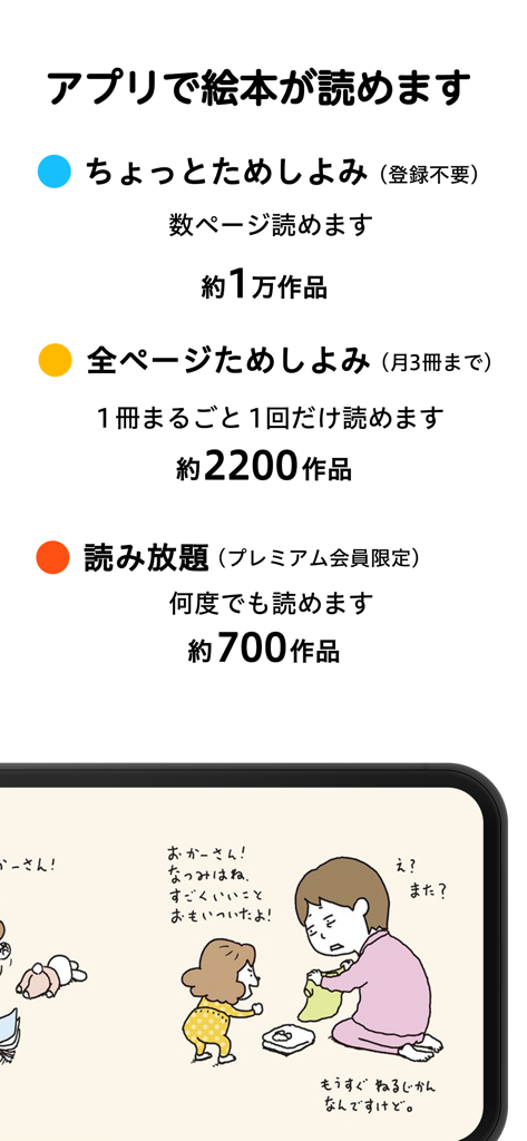絵本ナビ：365日毎日新しい絵本に出会える - EhonNavi app screen showing various reading plans including partial preview, full page preview, and unlimited reading options for Japanese children's books.