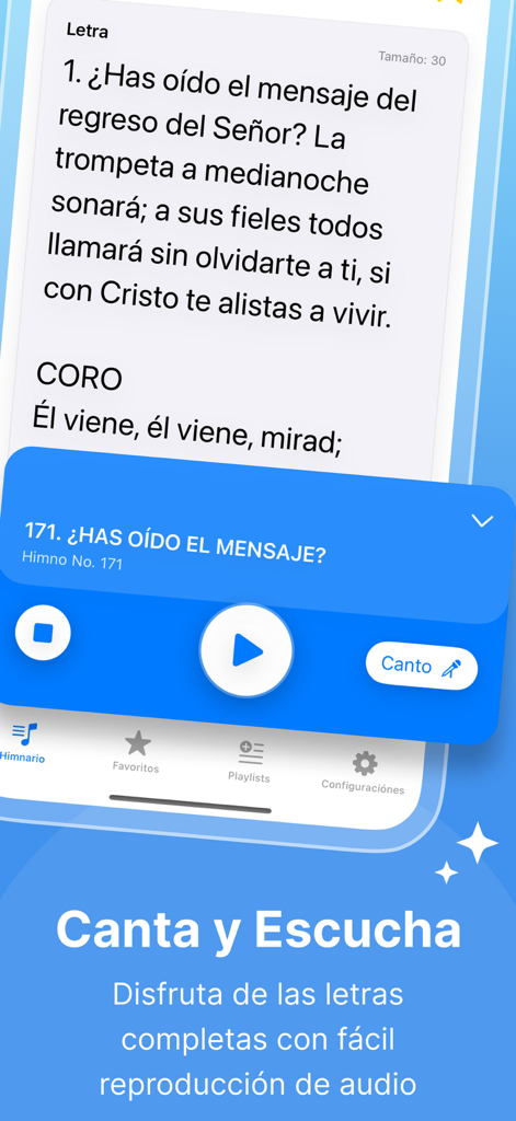 Himnario Nuevo Y Antiguo - Interface of the Spanish Adventist Hymnal app showing lyrics and audio player controls