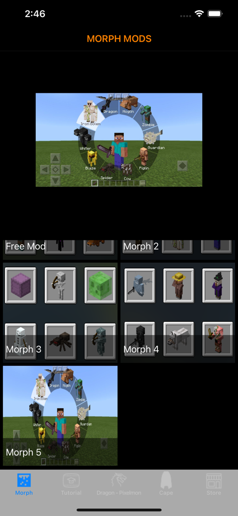 Morph mods for Minecraft - Menu showing various Minecraft mobs players can transform into using the Morph mods app