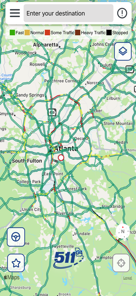 Real-time traffic map of Atlanta in the 511 Georgia app showing color-coded road congestion levels
