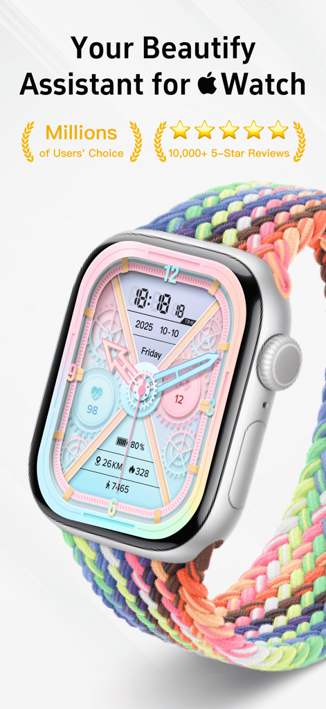 健康データコンプリケーションと編み込みソロループバンドを表示する、美的でパステルカラーのメカニカルApple Watchフェイス