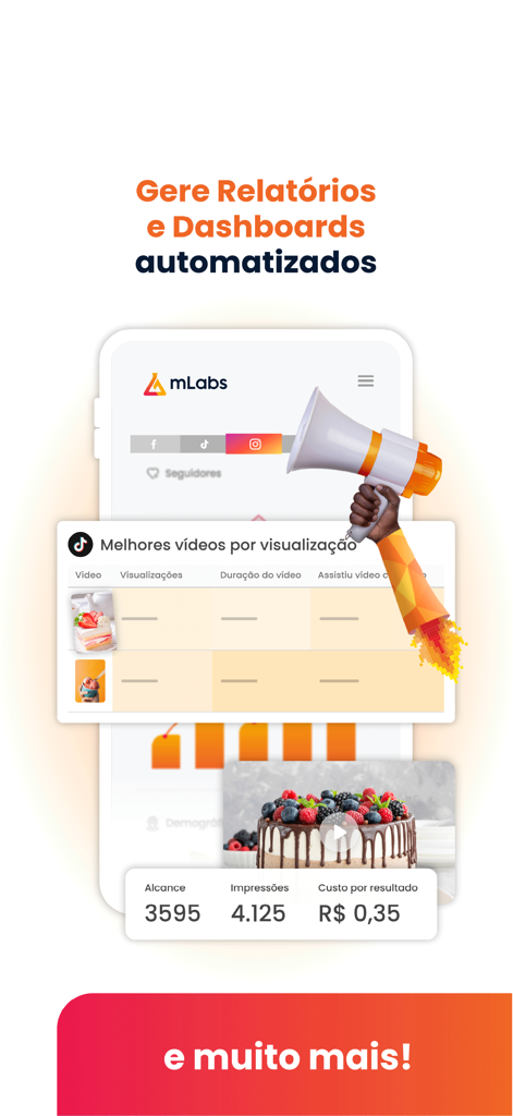 mLabs - mLabs mobile app interface showing automated social media reports and analytics dashboards