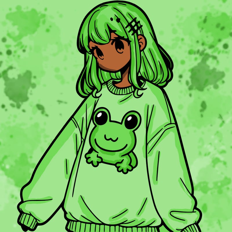 girl wearing frogging sweatshirt