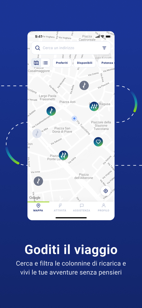 MyNextMove – ricarica auto - Interfaccia dell'app mobile MyNextMove che mostra una mappa di stazioni di ricarica per veicoli elettrici con opzioni di filtro