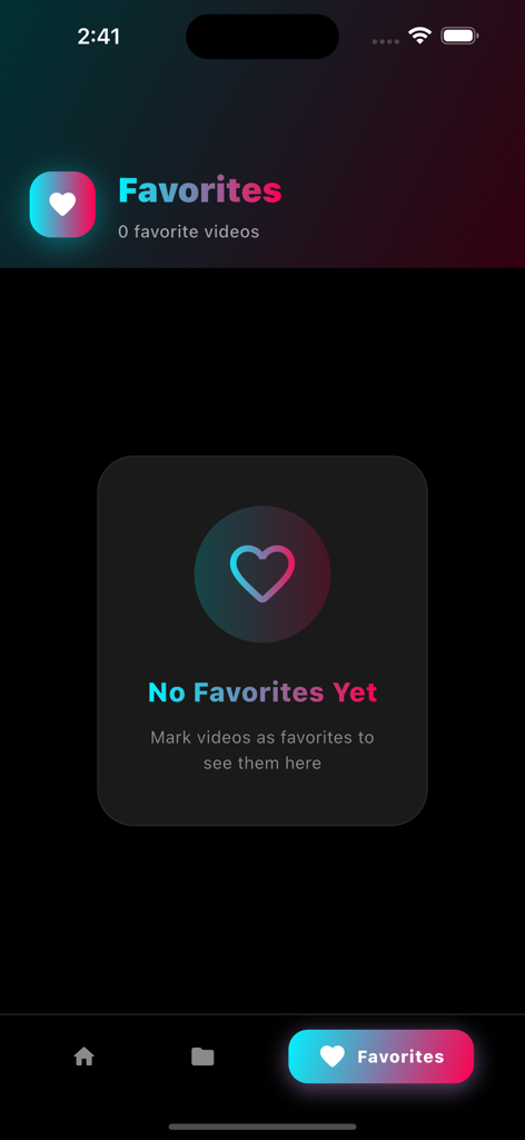 HD Tik Downloader No Watermark - Favorites screen in HD Tik Downloader showing no saved videos yet
