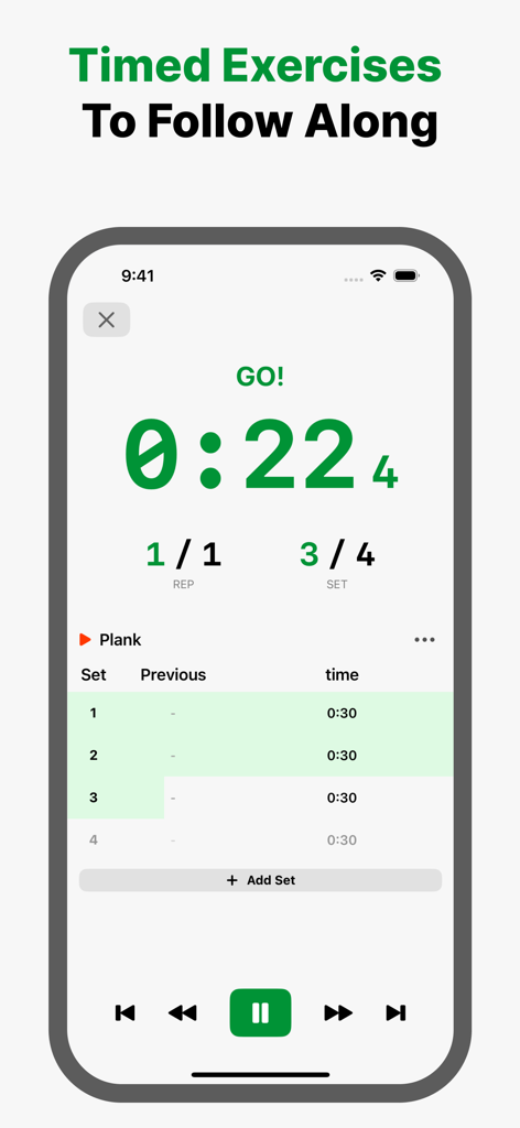 Gym Workout Planner: CrossOver - CrossOver workout app interface showing a countdown timer and set tracker for a plank exercise.