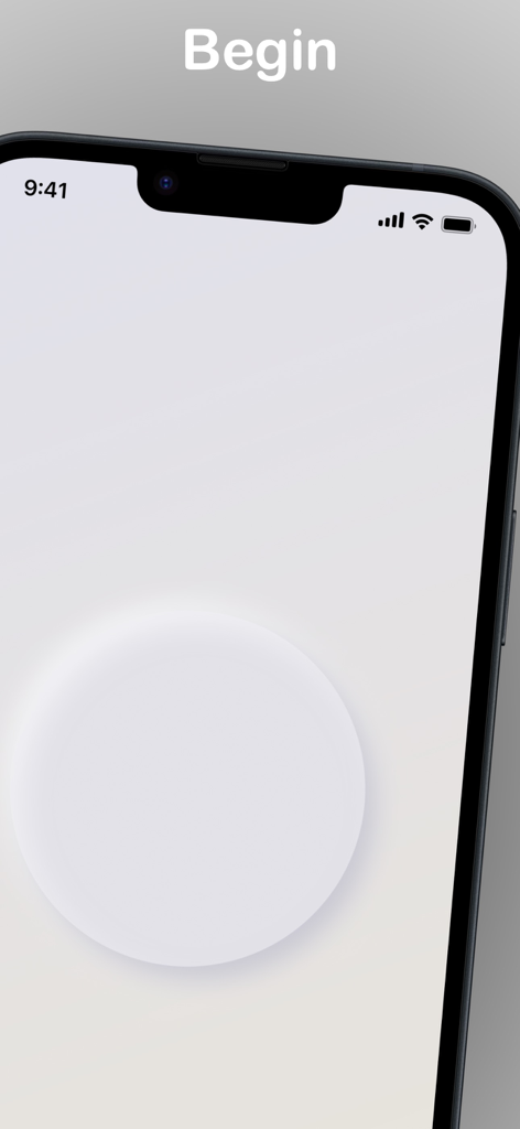 Minimalist start screen of One Fast Finger idle tap game featuring a large white button and the word Begin.