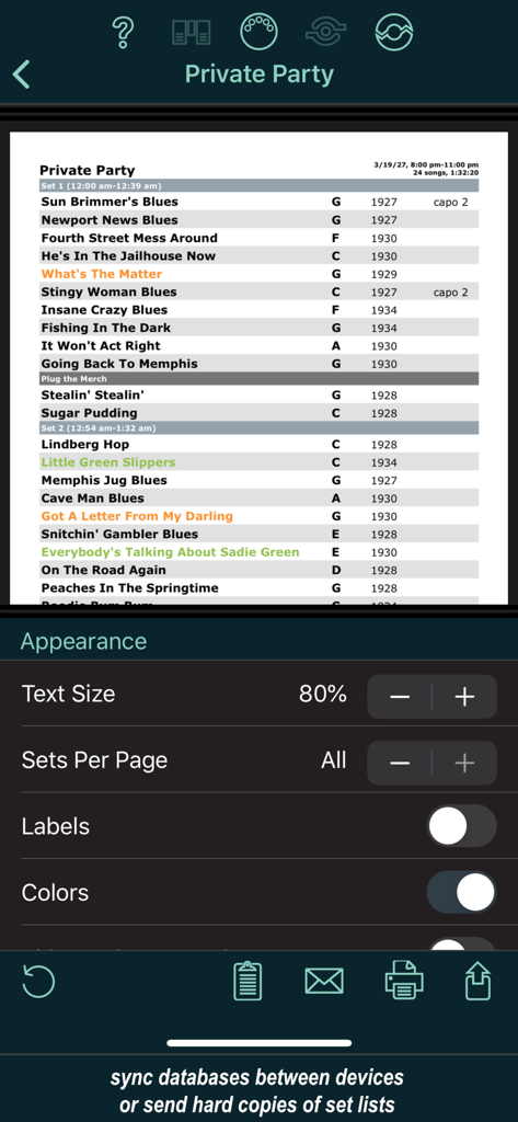 Set List Maker app interface showing a song list for a private party with appearance settings and sharing options