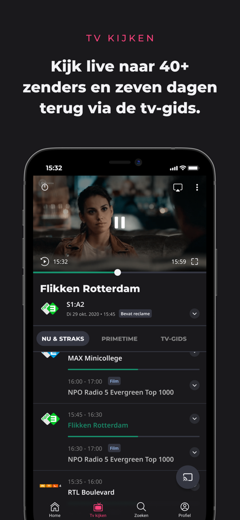 NLZIET | Online tv-kijken - Smartphone screen showing the NLZIET Dutch TV app interface with a video player and channel guide.