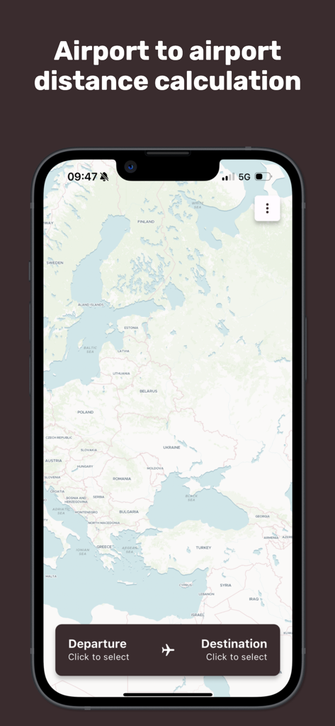 Mobile app interface of Airport Distance Calculator showing a map and buttons to select departure and destination airports.