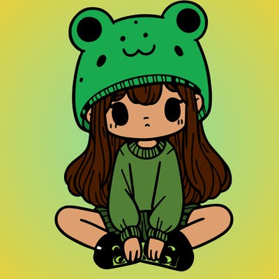 a girl wearing a frog hat and some frog socks