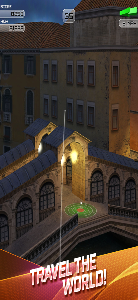 Flick Golf Extreme - Arcade golf gameplay showing a high shot over a Venetian bridge with world travel theme