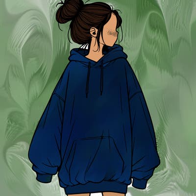 realistic girl with a oversized sweatshirt on and a bun
