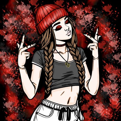 realistic teenage girl with braids and a beanie and crop top doing 🫶🏼
