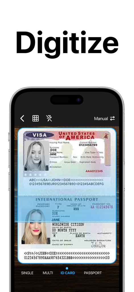 A smartphone using the TapScanner app to scan and digitize a visa and a passport