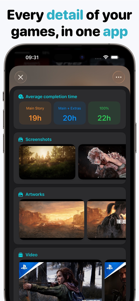 Game Tracker: Play & log - Schnittstelle der Game Tracker App, die durchschnittliche Abschlusszeiten und Spieldetailinformationen anzeigt.